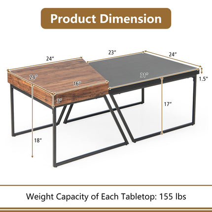 Dreamade Stacking Coffee Table Set of 2, Black & Brown Modern Side Table