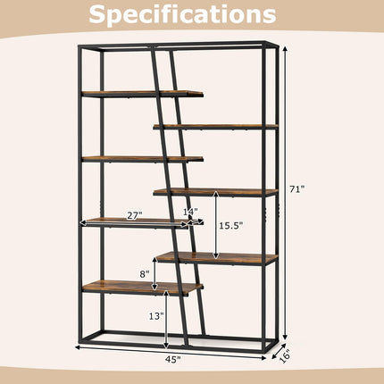 Dreamade 7-Tier Industrial Bookshelf, Heavy-Duty Staggered Bookcase, Freestanding Display Storage Rack
