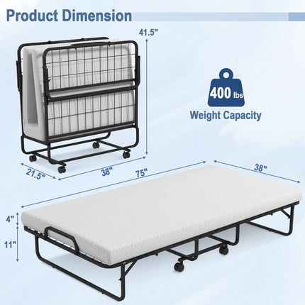 Dreamade Folding Bed with Mattress for Adults, Twin Size Rollaway Beds for Guest, 75"x 38"