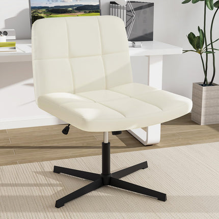 Dreamade Criss Cross Chair, PU Leather Cross Legged Office Chair No Wheels, Height-adjustable Swivel Vanity Chair with U-shaped Seat