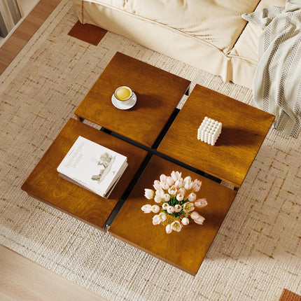 Dreamade Square Coffee Table | 31.5 Inch Mid Century Modern Center Table with Solid Wood Veneered Split Top