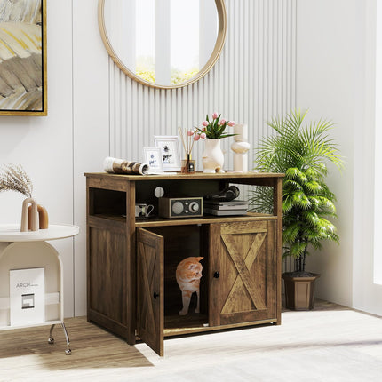 Dreamade Cat Litter Box Enclosure - Litter Box Hidden Furniture with Barn Door, Inner Divider, Side Entry, Storage Shelf