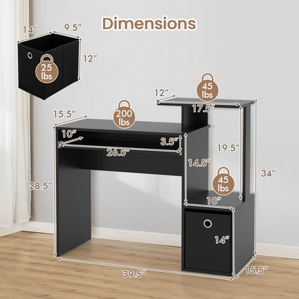 Dreamade Computer Desk with Keyboard Tray, Compact Home Office Desk with Fabric Drawer & Storage Shelf