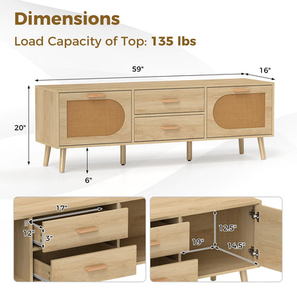 Dreamade Rattan TV Stand for TVs up to 65 Inch, 59" TV Console Cabinet with Drawers & Solid Wood Legs