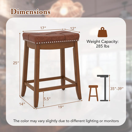 Dreamade Bar Stools Set, 25" Counter Height Bar Stools w/Saddle Seat, Footrest, Rivet, Button Tufted, Rubber Wood Frame