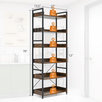 Dreamade Industrial 6-Tier Bookshelf, 70" Tall Freestanding Storage Display Shelf with 4 Hooks