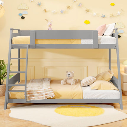 Dreamade Wood Bunk Beds Twin Over Full Size, Solid Wood Floor Low Bunk Bed w/Removable Ladder