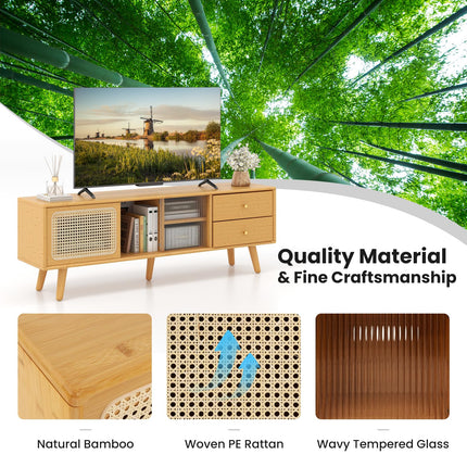 Dreamade Bamboo TV Stand for 55 60 65 Inch TV, PE Rattan Entertainment Center with Sliding Doors