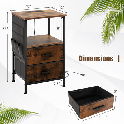 Dreamade Nightstand with Charging Station, Industrial Bedside Table with 2 Fabric Drawers & 6 Storage Pockets