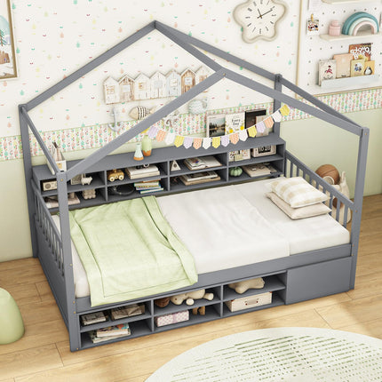Dreamade Twin Size House Bed with Storage, Wooden Montessori House Bed with 14 Storage Cubes