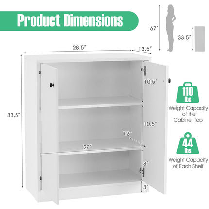 Dreamade 2 Door Storage Base Cabinet - Freestanding Floor Cabinet with 3-Tier Shelf, White
