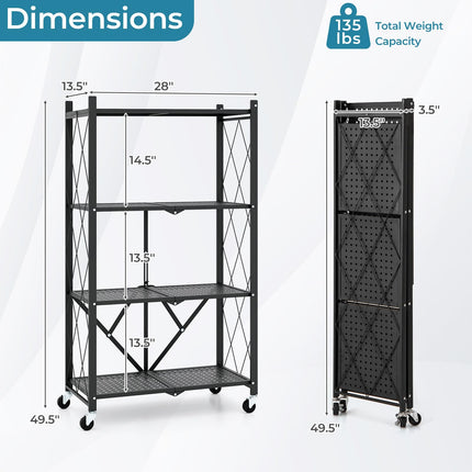 Dreamade 4-Tier Foldable Storage Shelf, Collapsible Shelving Unit Display with Lockable Wheels