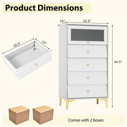 Dreamade 4-Drawer Dresser with Flip Up Fluted Glass Door