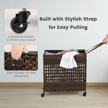 Dreamade Laundry Hamper with Wheels and Lid, 33 Gal (125L) Wicker Laundry Basket, 2 Removable Liner Bags