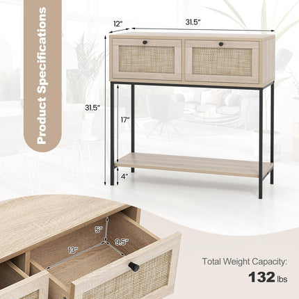 Dreamade Console Table with Rattan Drawers - 31.5" Entryway Table w/ 2 Drawers & Open Storage Shelf