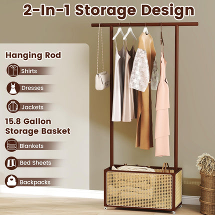 Dreamade Bamboo Clothes Rack 2-In-1 Clothing Hanging Rail for Hallway Living Room Bedroom