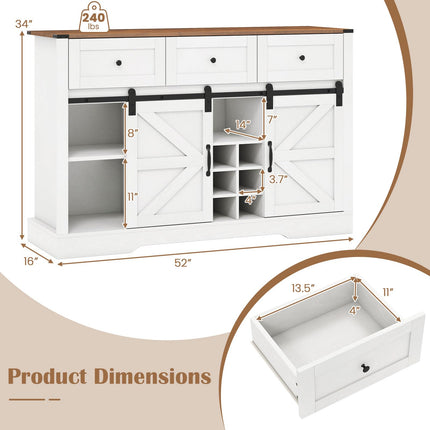 Dreamade Wine Bar Cabinet with LED Lights 52" Buffet Sideboard w/Sliding Barn Door 3 Drawer