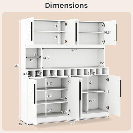 70 Inch Farmhouse Pantry Cabinet Kitchen Buffet Hutch with 4 Cabinets and 2 Open Shelves