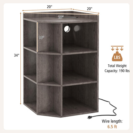 Dreamade 3-Tier Corner Cabinet with Charging Station, Corner Shelf with 9 Cubbies, 2 USB Ports & 4 Outlets