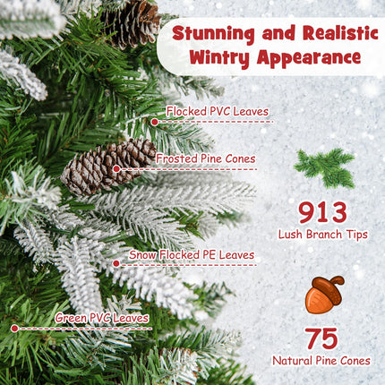 Dreamade 7.5 FT Pre-Lit Pencil Christmas Tree, Artificial Snow Flocked Hinged Fake Slim Xmas Tree with 350 Warm-White LED Lights