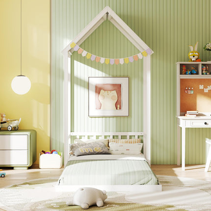 Dreamade Twin Size House Bed Montessori Floor Bed with House Shape Roof & Semi-Fence