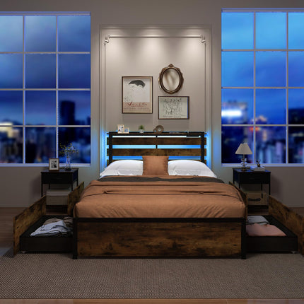 Dreamade Queen/Full/Twin Size Bed Frame with LED Lights Headboard and 4 Storage Drawers