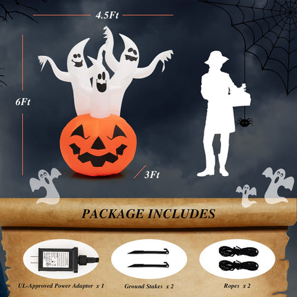 DREAMADE 6FT Lighted Halloween Inflatable Pumpkin & 3 Ghosts Combo