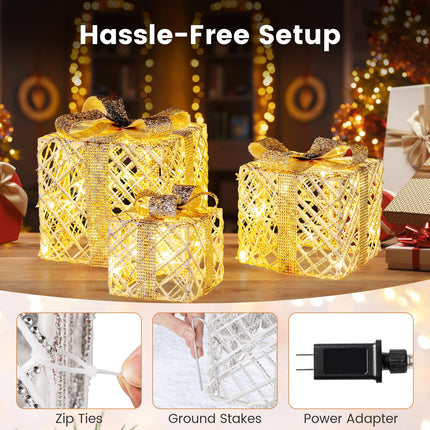 Dreamade Set of 3 Christmas Lighted Gift Boxes, 90 LED Light up Present Boxes with Bows