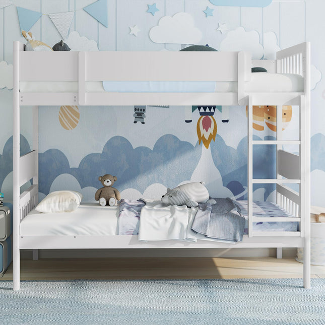 Dreamade Wood Bunk Bed Twin Over Twin, Solid Wood Bunk Bed Frame with Ladder & Safety Guardrails