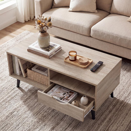 Dreamade Wood Coffee Table with Storage Drawer 36.5 Inch Rustic Center Table