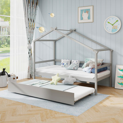 Dreamade Wood House Bed for Kids, Twin Bed Frame with Trundle Bed Twin