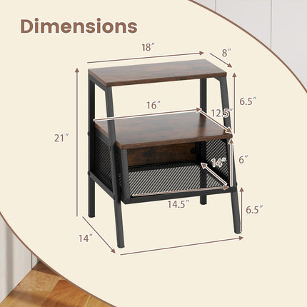 Dreamade Industrial Nightstand 3-Tier End Table with 2 Open Shelves and Metal Mesh Compartment