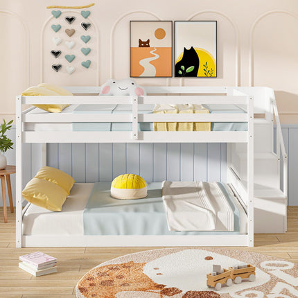 Dreamade Bunk Bed with Stairs, Solid Wood Floor Bunk Bed with Storage Staircase & Full-Length Guardrails