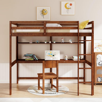 Dreamade Twin Loft Bed with Desk and Bookshelf, Wooden Bed Frame with Safety Guardrail & Ladder
