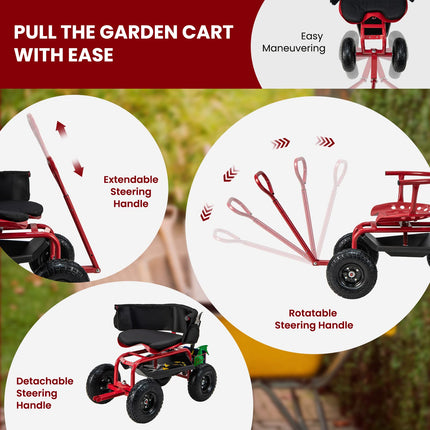 Dreamade Cushioned Rolling Garden Cart Scooter with Storage Basket and Tool Pouch
