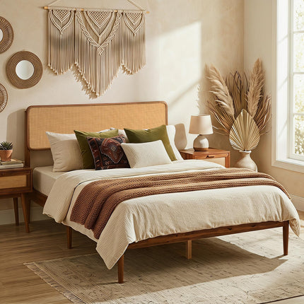 Dreamade Wooden Bed Frame Full/Twin/Queen Size with Rattan Headboard