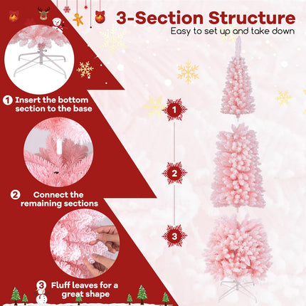 Dreamade 8ft Pink Slim Pencil Christmas Tree, Artificial Unlit Skinny Xmas Full Tree with 1000 Branch Tips
