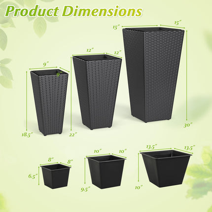 Dreamade 3-Piece Wicker Planters Tapered PP Rattan Plant Boxes with Plastic Flower Pots