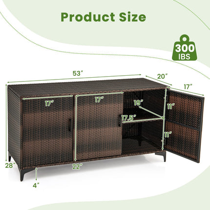 Dreamade 84-Gallon Wicker Deck Box - Patio Storage Cabinet, 3-Door PE Rattan Storage Container with Removable Shelves