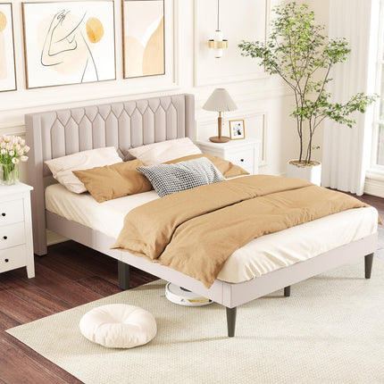 Dreamade Queen Size Dutch Velvet/Linen Fabric Upholstered Platform Bed with Wingback Headboard and Wooden Slat Support