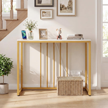 Dreamade 39" Narrow Entryway Table with Charging Station & Heavy-Duty Metal Frame