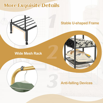 Dreamade Double Rods Garment Rack with Wheels, Clothing Rack w/ 2 Hanging Height Adjustable Rods, Side Mesh Racks