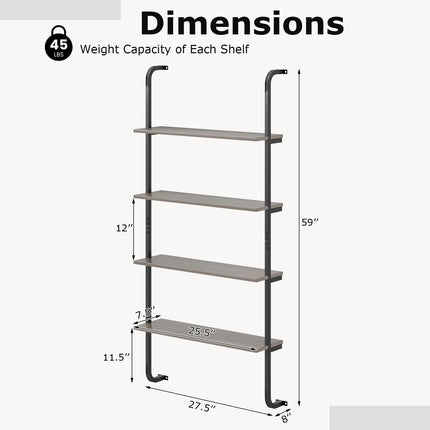 Dreamade 4-Tier Industrial Bookshelf, Wall Mounted Pipe Shelving Unit, Floating Shelves with Metal Frame
