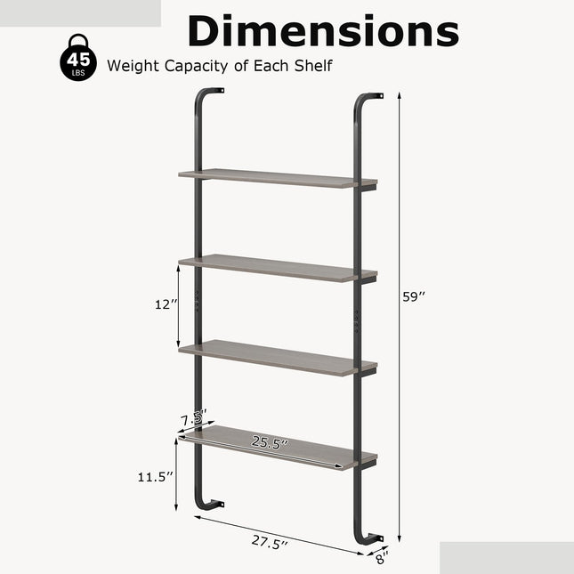 Dreamade 4-Tier Industrial Bookshelf, Wall Mounted Pipe Shelving Unit, Floating Shelves with Metal Frame
