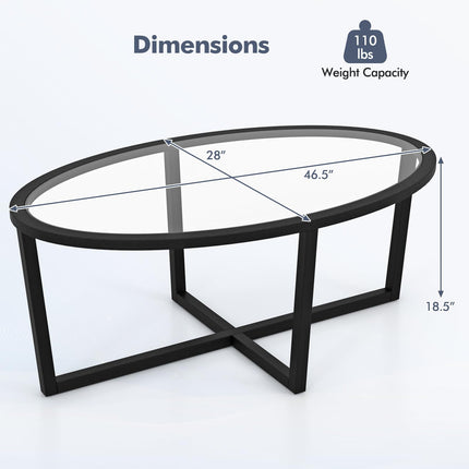 Dreamade Glass Coffee Table, 46.5" Oval Accent Sofa Tea Table with Tempered Glass Top, Cross Base & Acacia Wood Legs