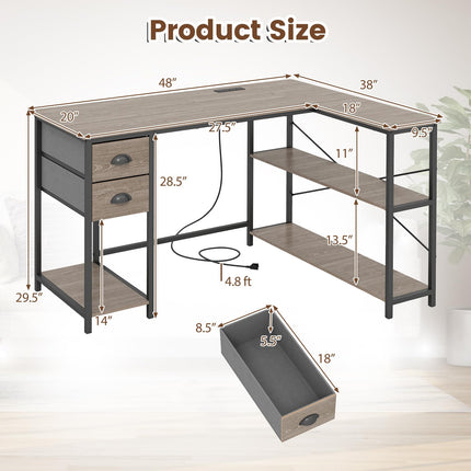 Dreamade 48" L Shaped Desk with Charging Station & 2 Fabric Drawers