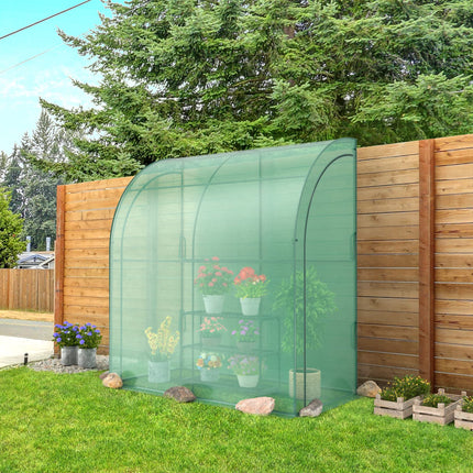 Dreamade Walk-in Lean-to Greenhouse - with 3-Tier Plant Stand, 7’x 3.5’x 7’ Green House, PE Grid Cover