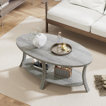 Dreamade 44 Inch Oval Coffee Table 2-Tier Center Table with Storage Shelf & Rubber Wood Frame