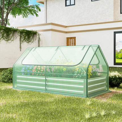 Dreamade Galvanized Steel Raised Garden Bed with Mini Greenhouse, Outdoor Metal Planter Box Kit with Large Roll-up Cover