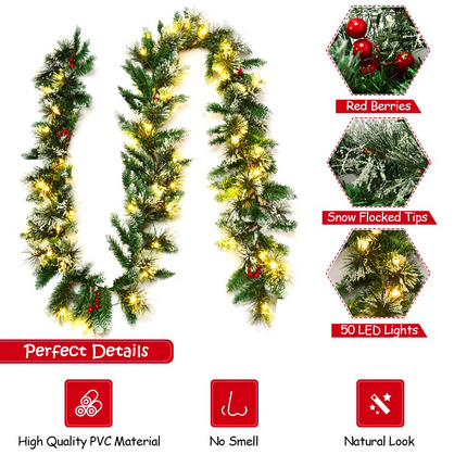Dreamade 9FT Pre-lit Christmas Garland, Artificial Christmas Pine Rattan w/Timer - DreamadeUS